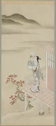 Jeune femme avec un éventail sur une véranda admirant l